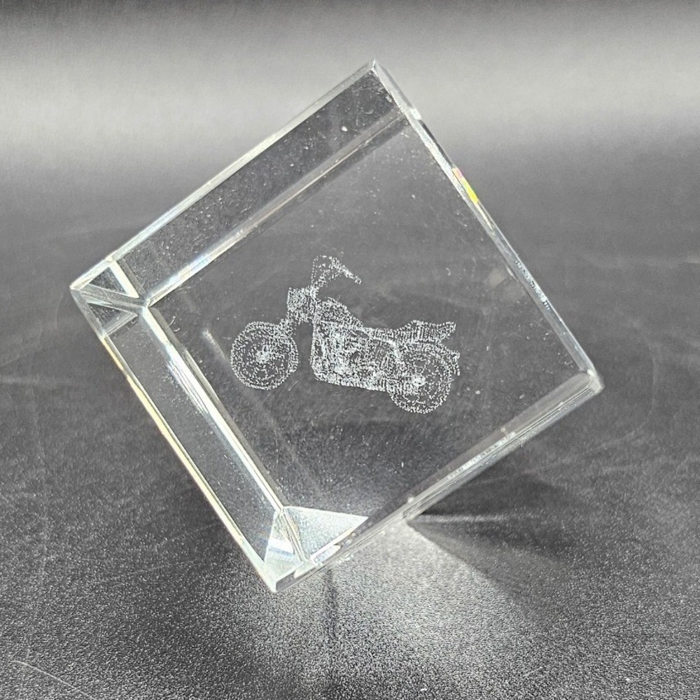 3D Laser Etched Glass Crystal Cube Motorcycle Paperweight Tilted Display Base